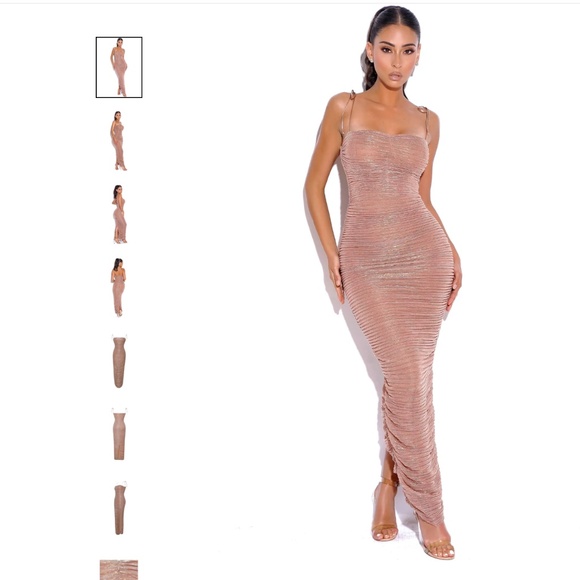 Miss Circle The Glint Rose Gold Ruched Chiffon Long Maxi Dress - Picture 3 of 8